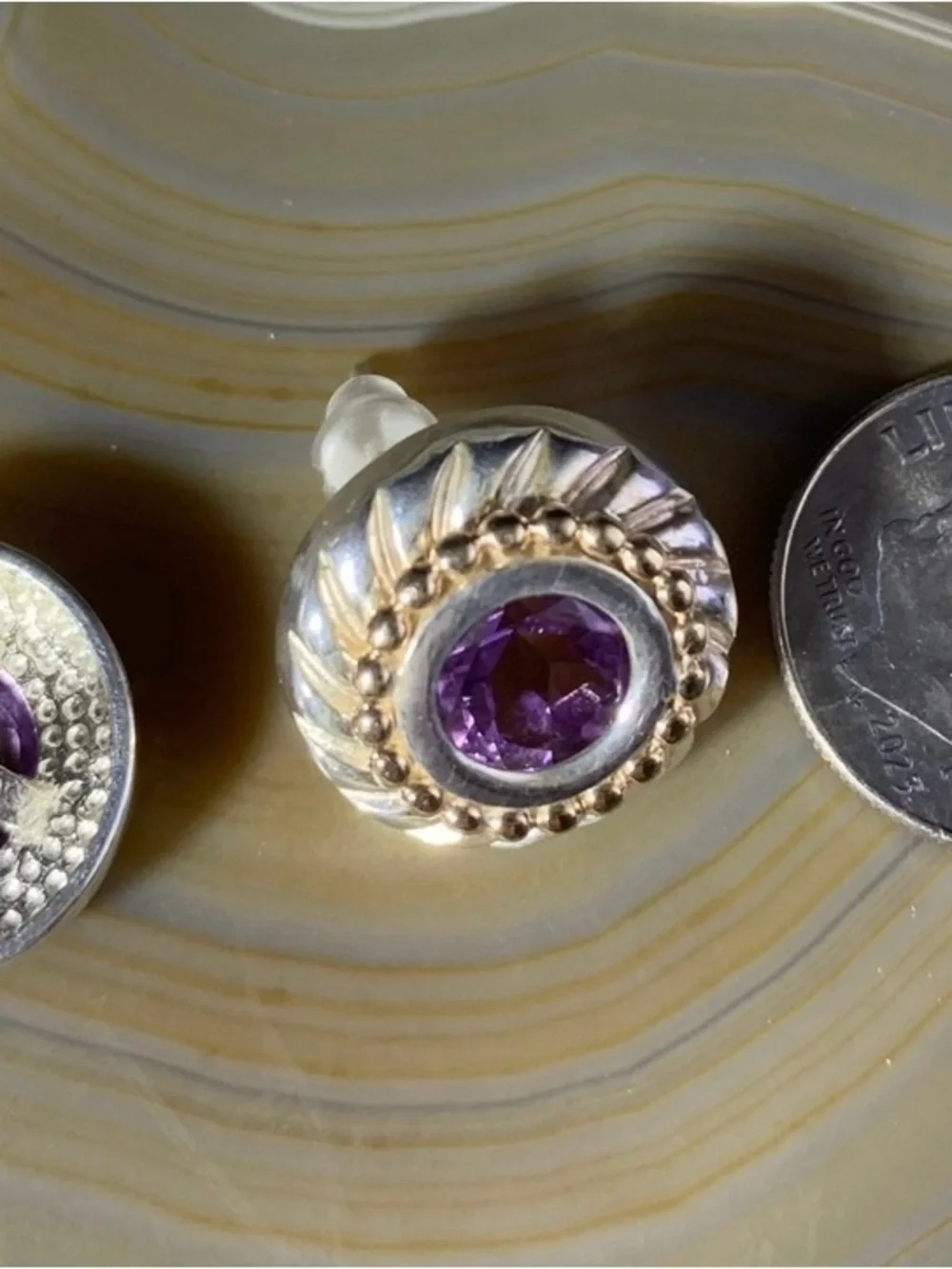 Vintage Sterling Silver 14K Gold Amethyst Two-Tone Beaded Stud Earrings Signed.